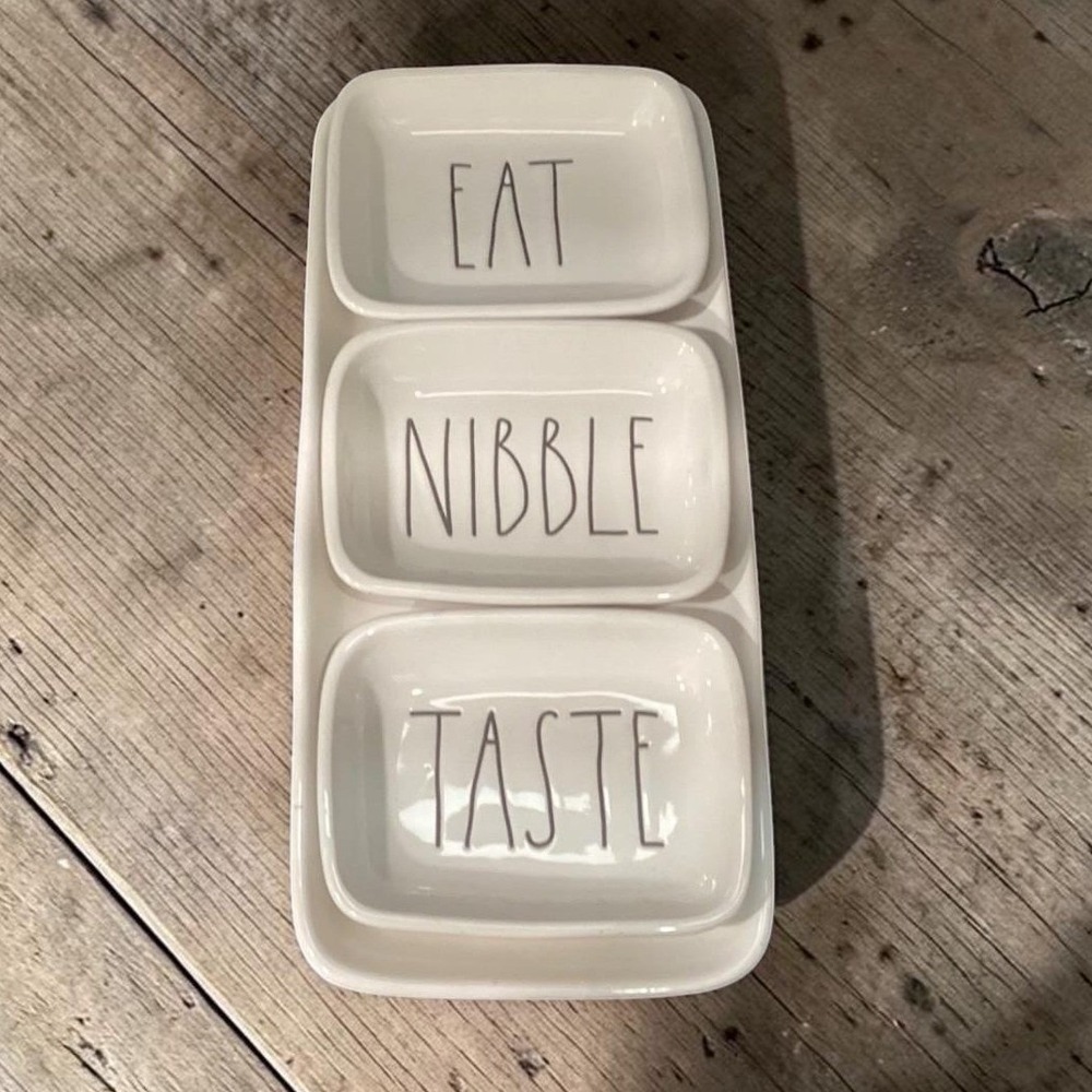 Rae Dunn "Taste Nibble Eat" Snack Platter, Four Piece Set, Farmhouse Serveware